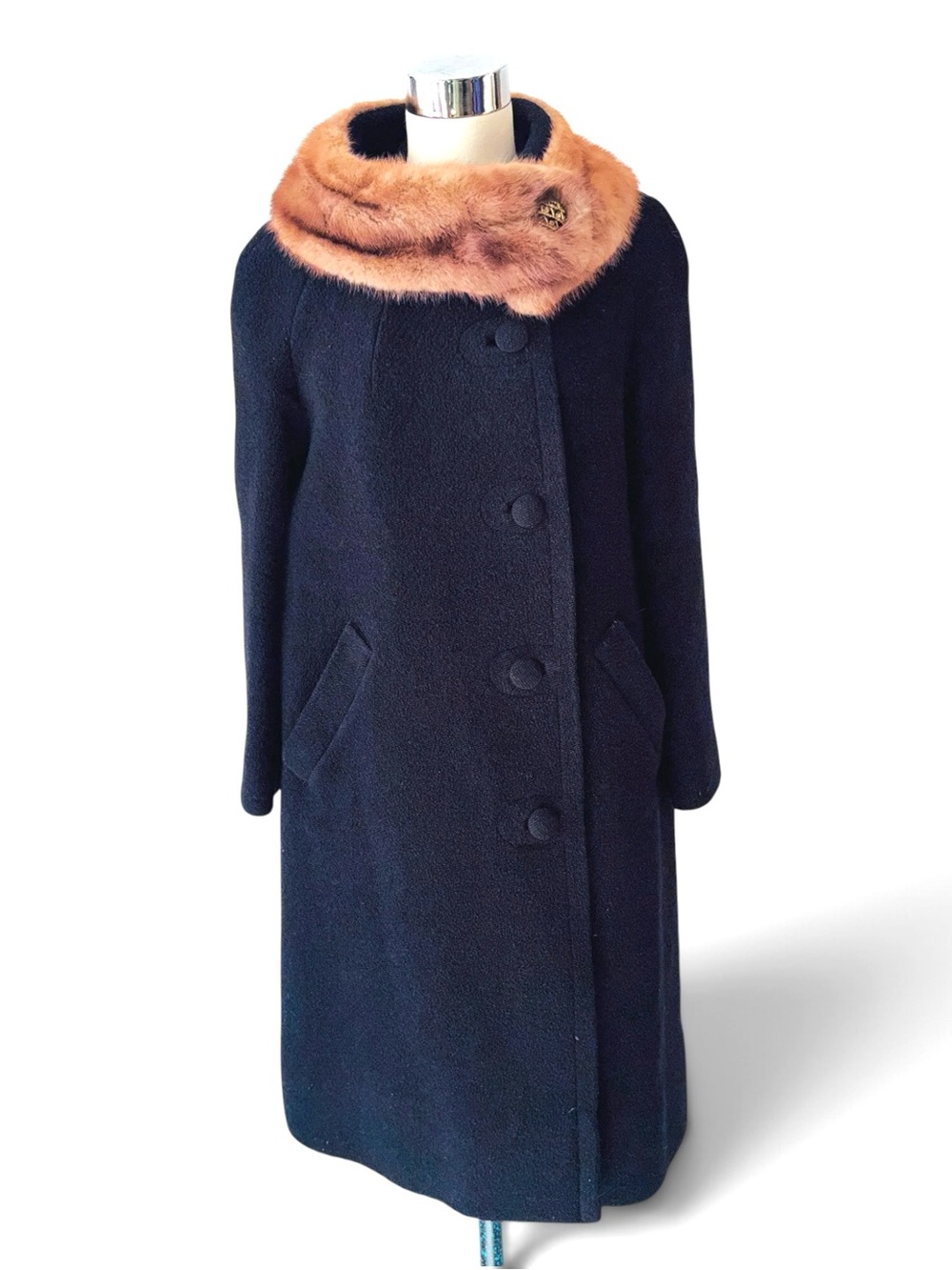 Vintage MCM Black Wool Coat with Mink Fur Collar Rhinestone Brooch